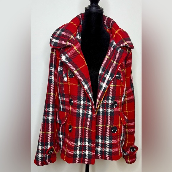 Body Central wool blend red plaid Fall Winter holiday coat button front Large - Picture 9 of 12